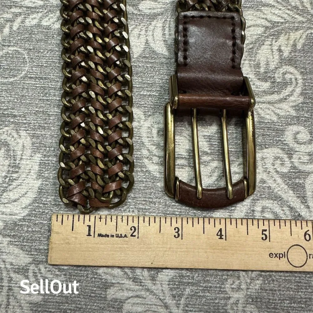 Men's Brown Braided Michael Kors Brass & Leather Belt with Brass Buckle